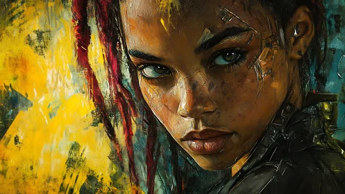 Cybernetic portrait of woman against abstract yellow field.