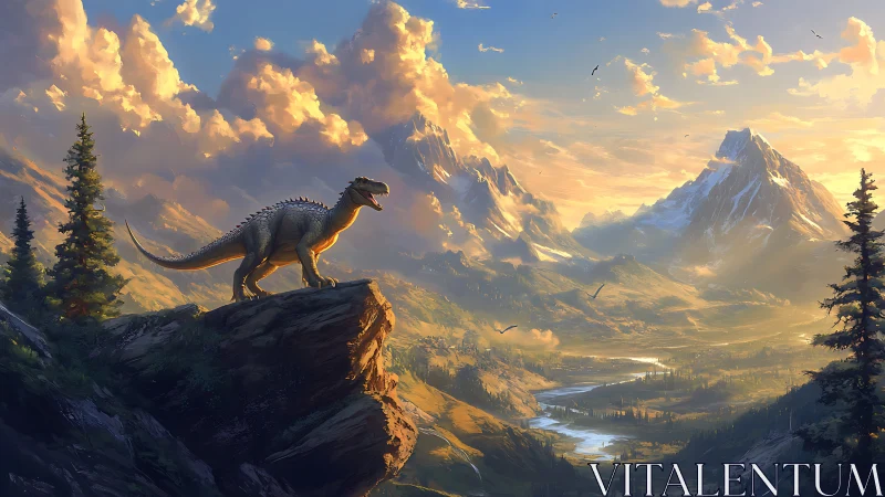 Roaring dinosaur surveys a glowing prehistoric mountain valley