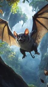 Wide eyed jungle bat glides through misty emerald canyon