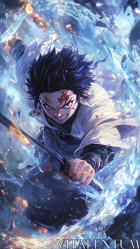 Storm-eyed swordsman cleaves a raging spiral of frostfire.