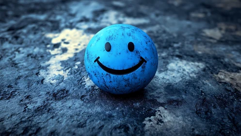 Smiley-faced blue sphere rests on textured rough surface