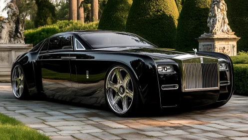 Black luxury coupe with mirror gloss and sculpted chrome grille.