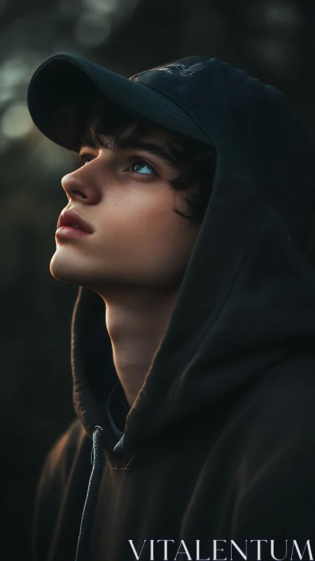 Oblique-profile hoodie portrait under shallow-depth dusk light.