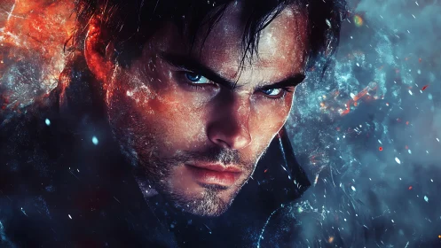 Storm-lit antihero gazes through fire and ice-lit shadows