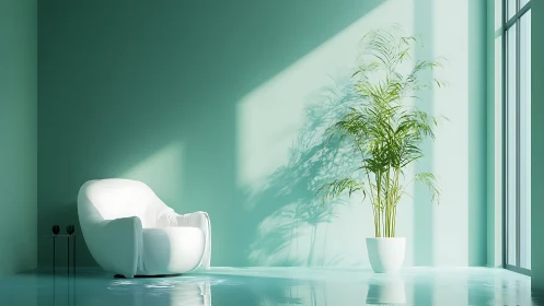 Soft white lounge chair rests in a sunlit mint green room