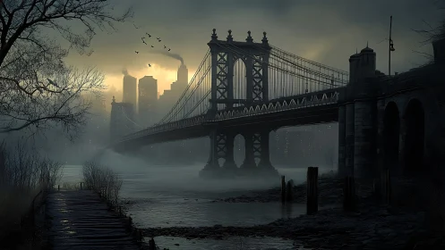 Fog-draped steel giant hums softly above a haunted river