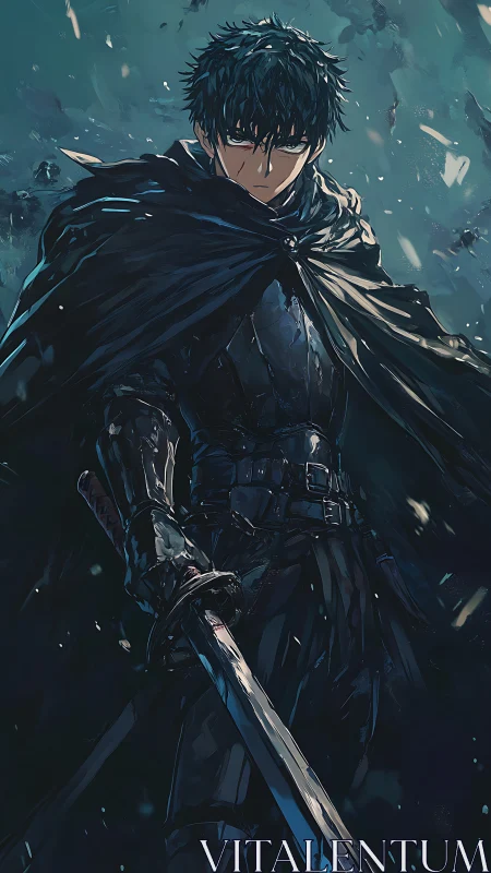 Stormlit rogue swordsman stalking the midnight battlefield.