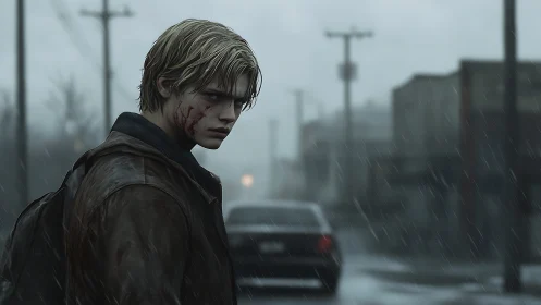 Bloodstained youth on rainy urban street in muted light.