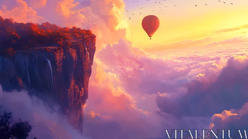 Sky-clutching cliff and lone ember balloon at cloudrise.