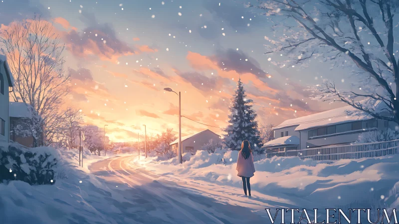 Snowy suburban street glows softly beneath a pastel winter sunset