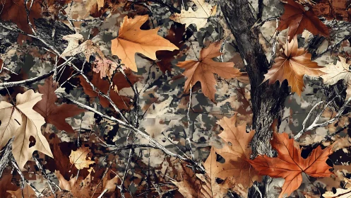 Autumn foliage overlays rugged bark in dense camouflage pattern