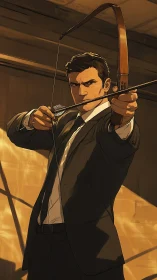 Suited archer draws bow under warm directional backlighting