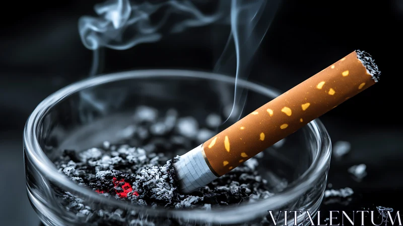 Lit cigarette rests in glass ashtray amid ash and smoke