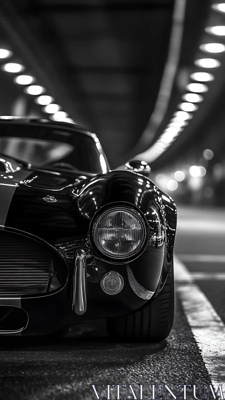 Classic sports car front view in monochrome tunnel scene.