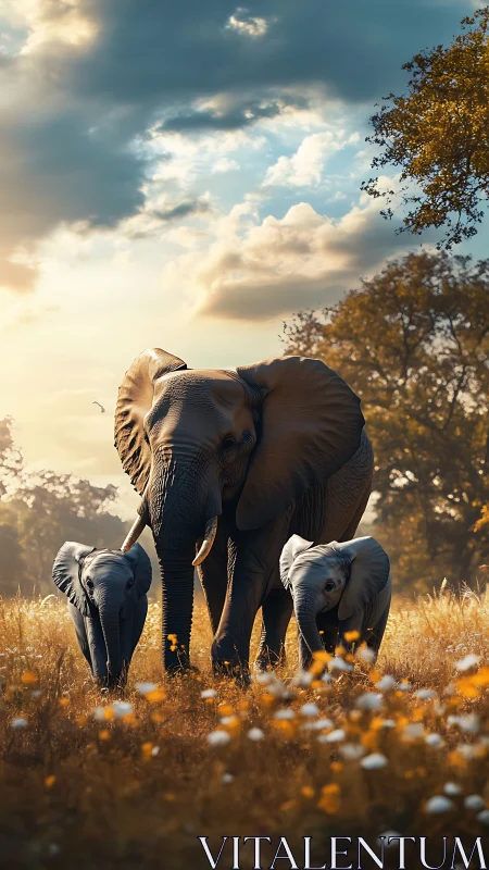 Sunlit elephant family wandering through golden meadow.