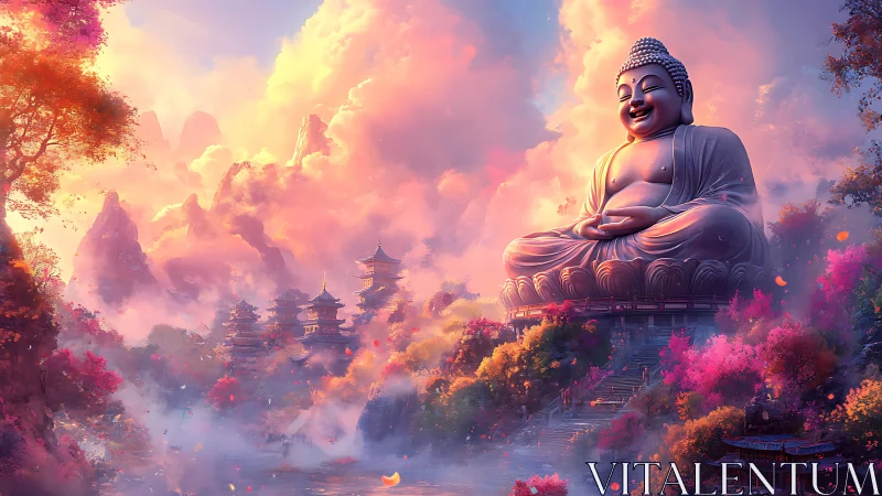 Colossal mountain Buddha above misty sakura valley.