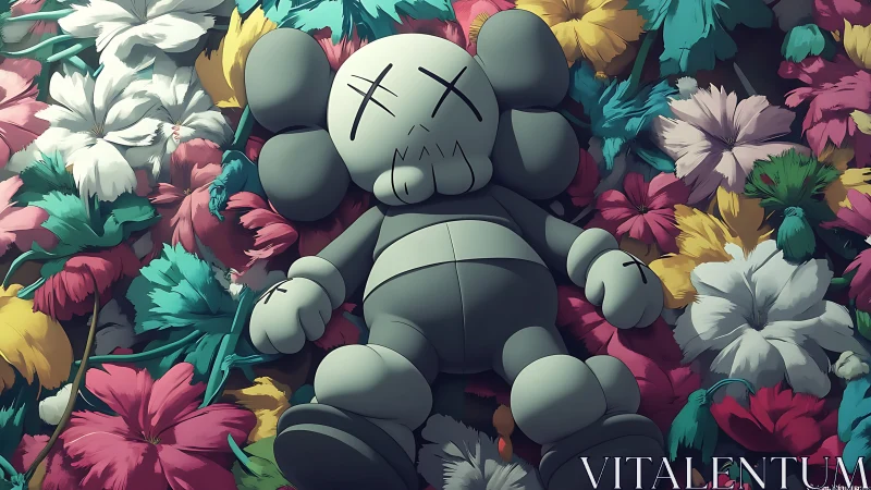 Grey vinyl doll resting on dense colorful flower bed.