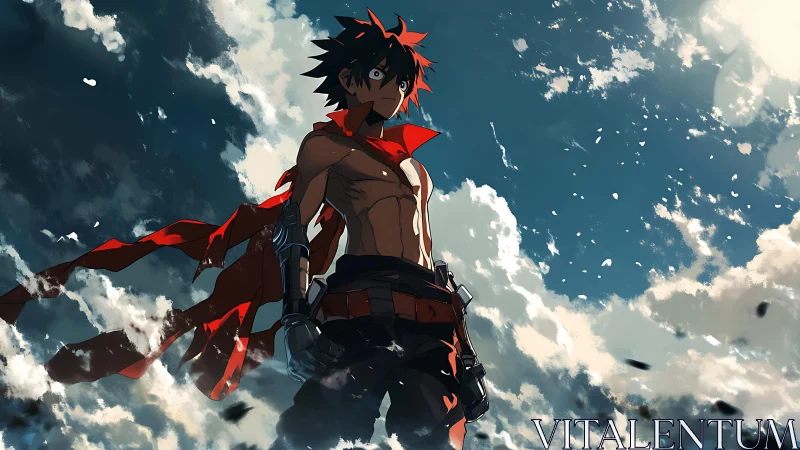 Anime warrior with red scarf standing under dramatic sky.