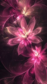 Glowing pink fractal flowers on dark abstract background.