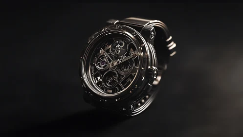 Skeleton dial luxury watch in dramatic low key lighting.