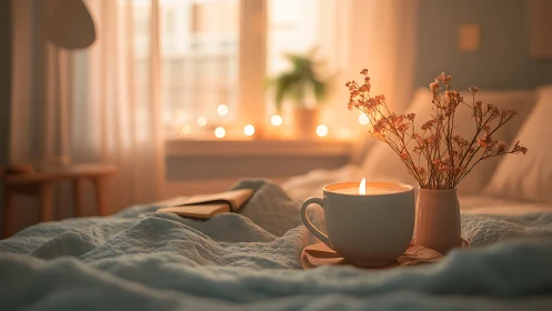 Cozy candlelit bedside moment with tea, flowers, and soft light.