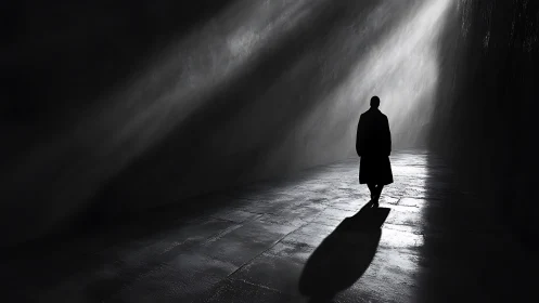 Solitary figure walks toward gentle light in a quiet passage