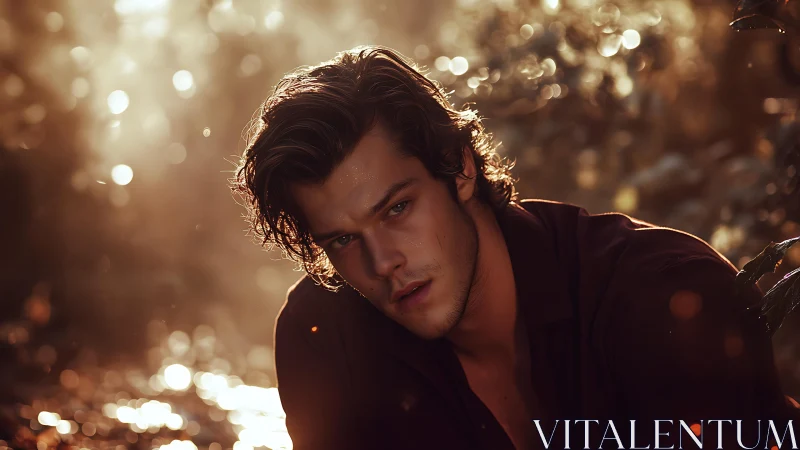 Moody young man in warm backlit outdoor portrait.