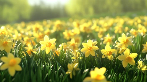 Field of Yellow Daffodils in Spring Bloom.