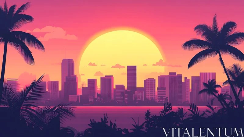 Neon tropic skyline against radiant sunset sphere glow.