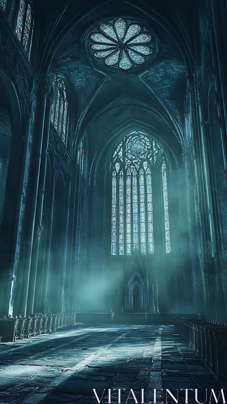 Gothic cathedral nave with ethereal teal volumetric lighting.