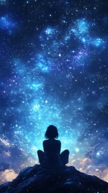 Silhouetted figure sits on rocky hill beneath dense star field