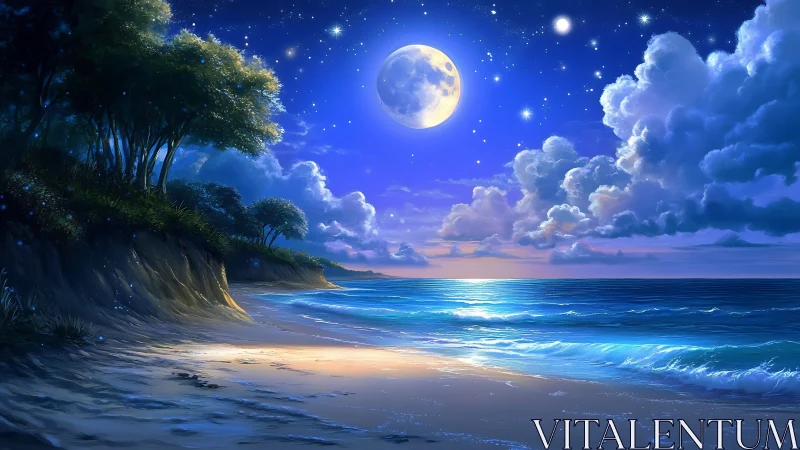 Moonlit shoreline shows bright surf, clouds, and tree line