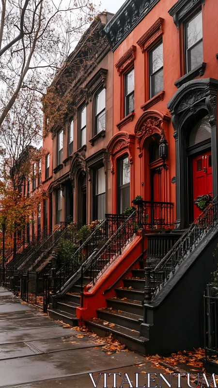 Autumn streetscape of restored red-brownstone row houses in rain