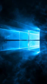 Luminous rectangular window emblem in blue vapor field.