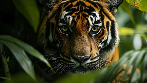 Jungle-eyed tiger stalks through emerald shadows in silence.