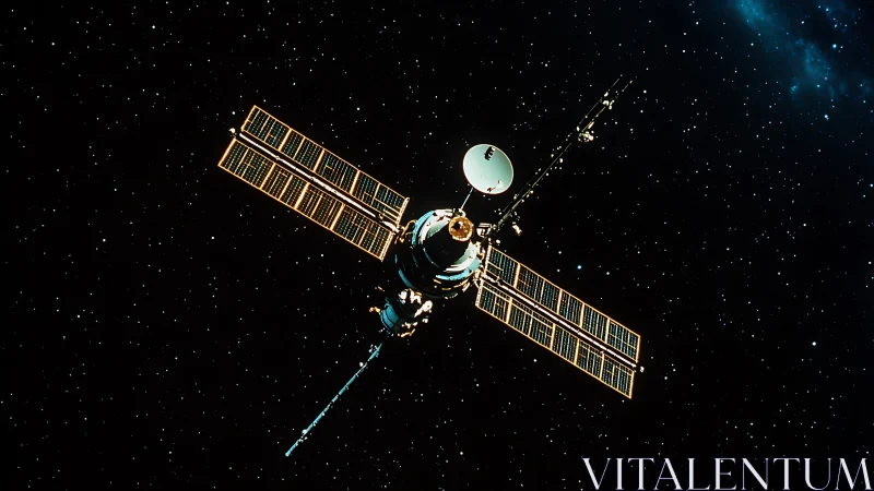 Orbital satellite with solar arrays in open starfield.