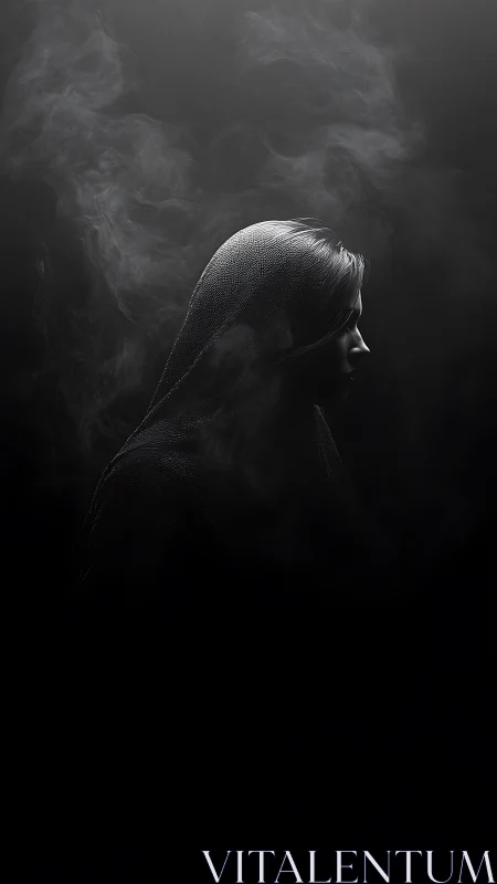 Softly lit hooded figure emerges from drifting silver smoke