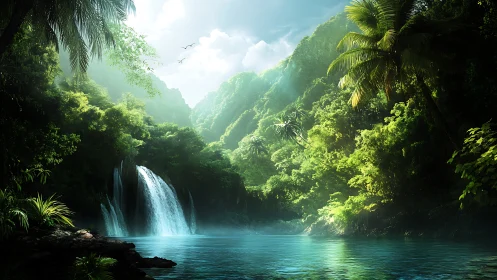 Emerald cascade lagoon cradled in sunlit jungle silence.