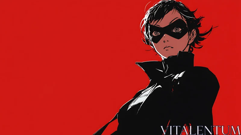 Masked vigilante portrait with stark red negative space background