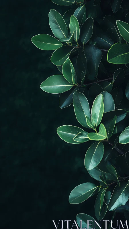 Emerald leaves drift over velvet darkness in quiet balance.