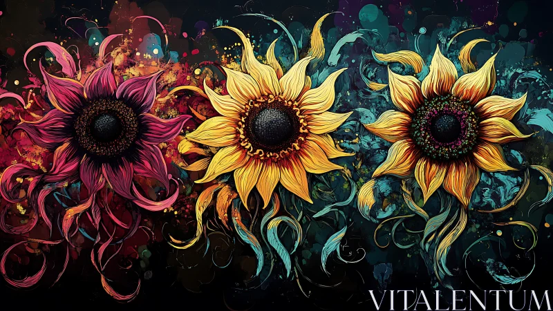 Three stunning sunflowers dance with vibrant color and swirling energy
