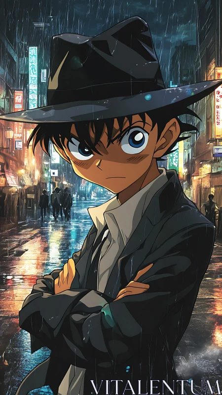 Young male in trench coat on rainy neon city street.