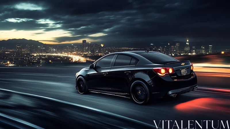 Black sedan drives on city highway at night past skyline