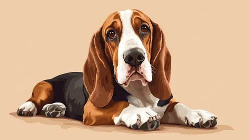 Gentle basset hound lounges calmly with soulful brown eyes