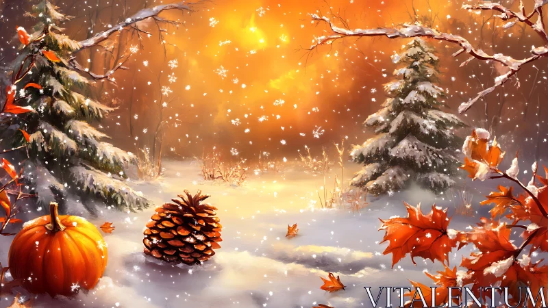 Pumpkin meets snowfall in a glowing autumn winter crossover.