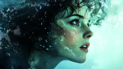 Submerged female profile rendered in high-contrast digital realism