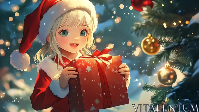 Smiling anime girl in Santa outfit holding red gift box.