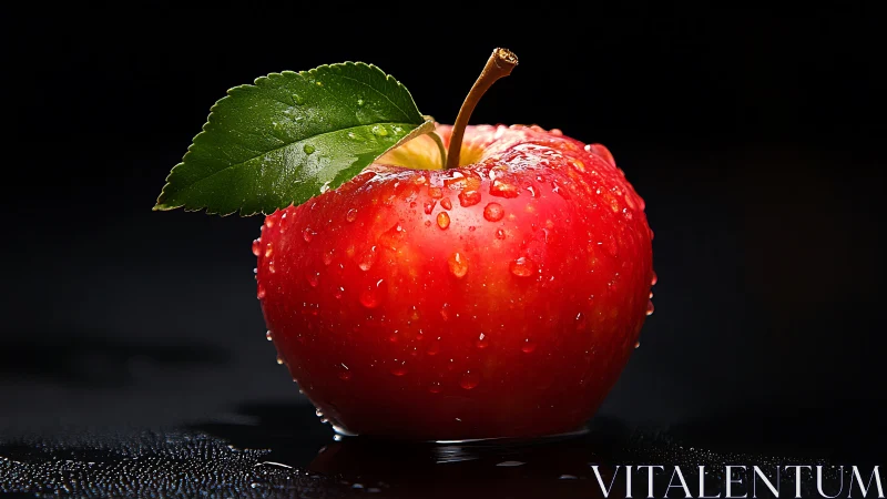 Ruby apple under studio lights, jeweled with cool morning dew.