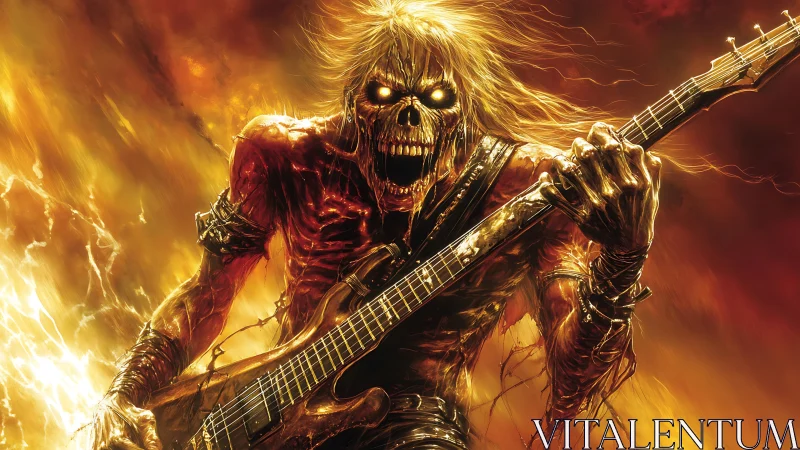 Infernal skeletal guitarist shredding in blazing firestorm.