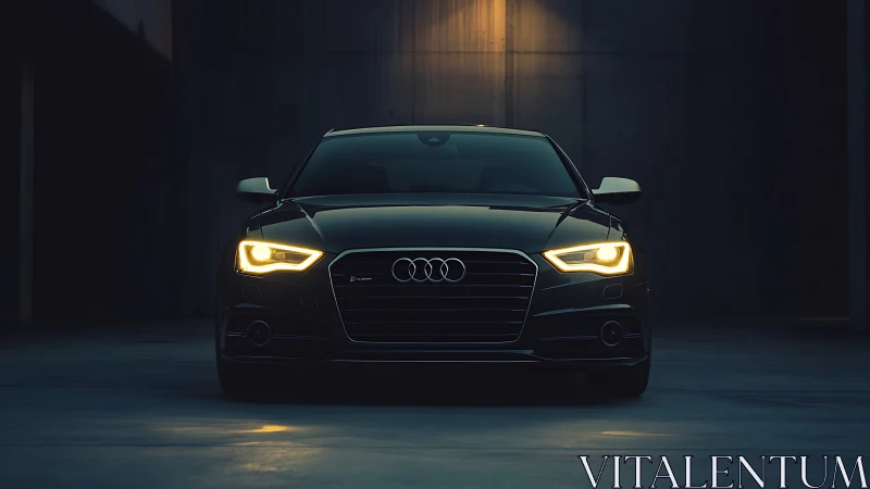 Midnight Audi prowls a dim garage with predatory calm.